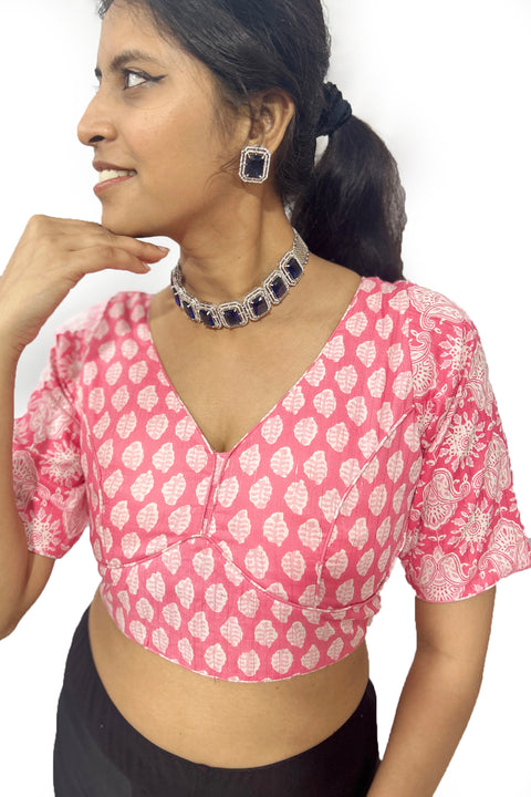 Pink & White Printed Designer Readymade Blouse in Cotton (D1696)