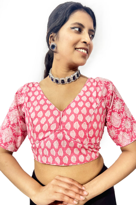 Pink & White Printed Designer Readymade Blouse in Cotton (D1696)