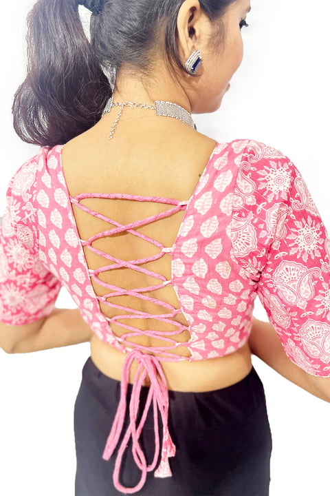 Pink & White Printed Designer Readymade Blouse in Cotton (D1696)