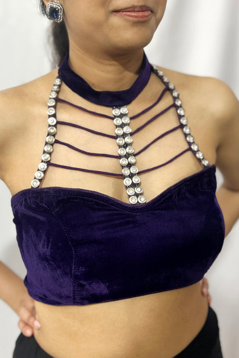 Readymade Purple Velvet Halter Neck Blouse For Party Wear (D1702)