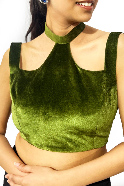 Readymade Light Green Velvet Halter Neck Blouse For Party Wear (D1703)