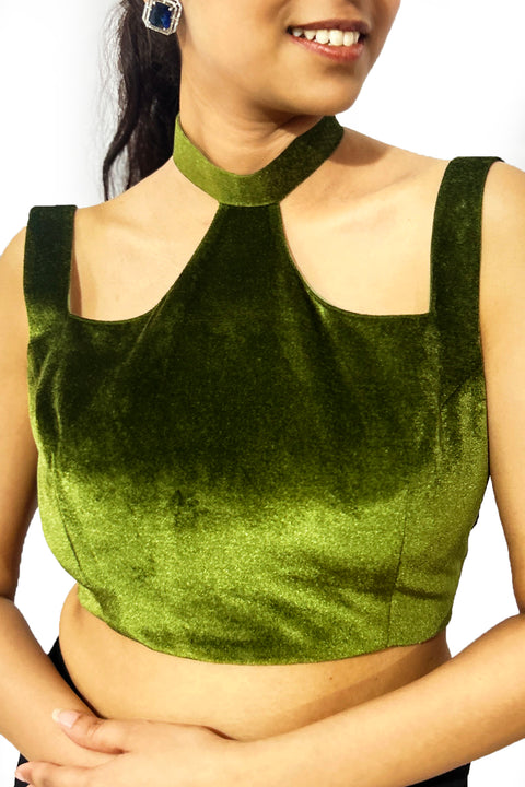 Readymade Light Green Velvet Halter Neck Blouse For Party Wear (D1703)