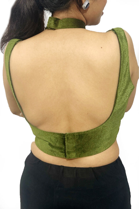 Readymade Light Green Velvet Halter Neck Blouse For Party Wear (D1703)