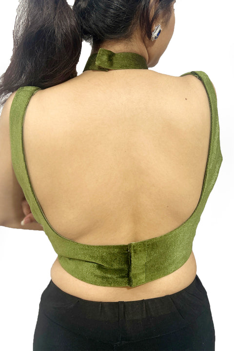 Readymade Light Green Velvet Halter Neck Blouse For Party Wear (D1703)