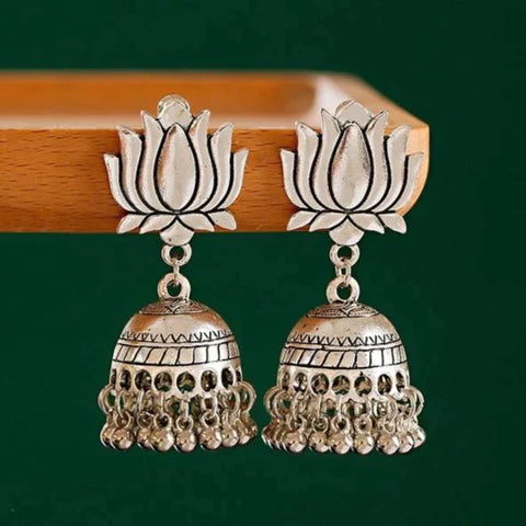 Ethnic Graceful Lotus Shape Oxidised Jhumki Earrings (E849)