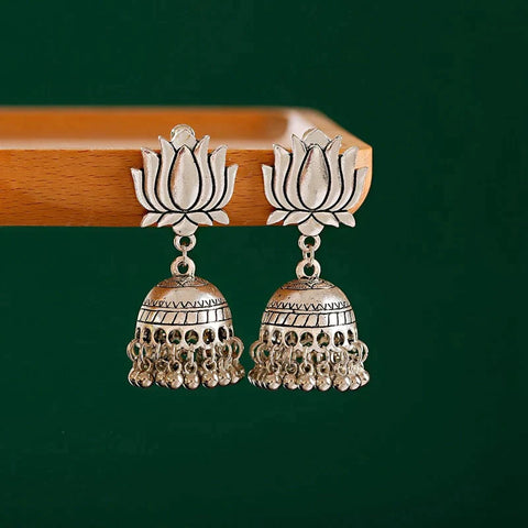 Ethnic Graceful Lotus Shape Oxidised Jhumki Earrings (E849)