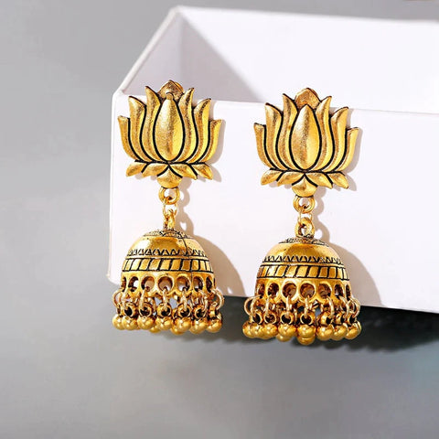 Ethnic Graceful Lotus Shape Oxidised Jhumki Earrings (E849)