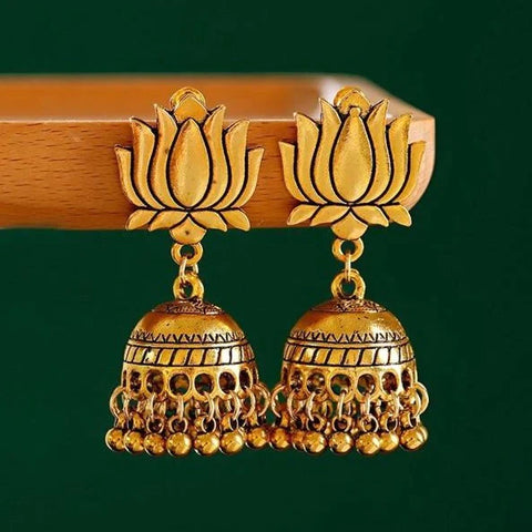 Ethnic Graceful Lotus Shape Oxidised Jhumki Earrings (E849)