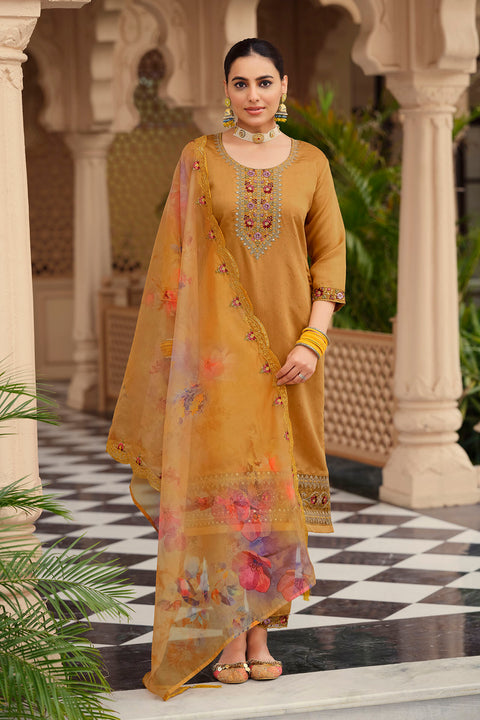 Designer Mustard Yellow Color Readymade Party Wear Suits Pant & Dupatta in Roman Silk For Women (D1025)