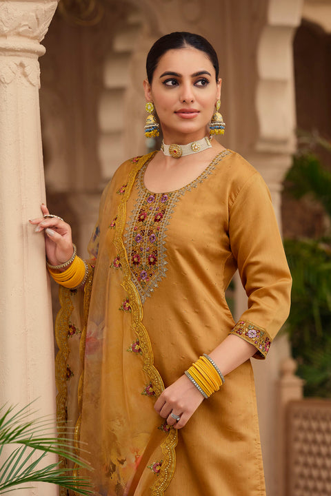 Designer Mustard Yellow Color Readymade Party Wear Suits Pant & Dupatta in Roman Silk For Women (D1025)