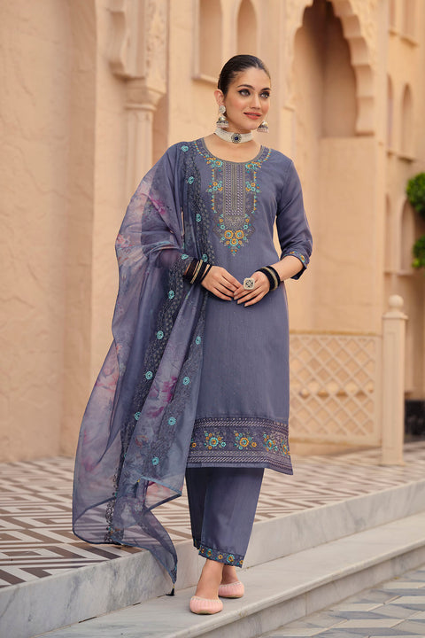 Designer Grey Color Readymade Party Wear Suits Pant & Dupatta in Roman Silk For Women (D1028)