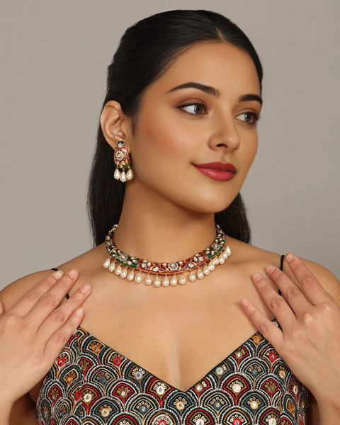 Designer Gold Plated Royal Kundan Necklace With Earrings (D908)