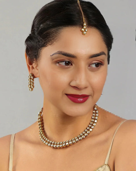Gold Plated Circular Kundan Design Necklace Set (D949)