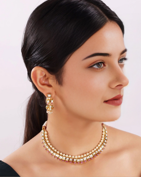 Designer Gold Plated Two Layer Royal Kundan Necklace with Earrings (D294)