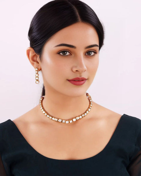 Designer Single Layer White Kundan Necklace with Earrings (D176)