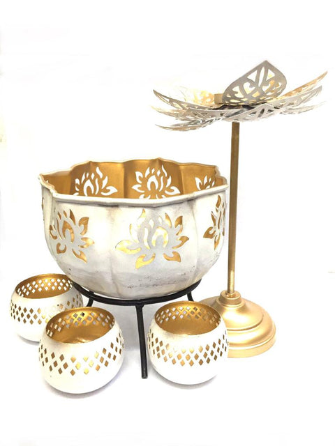 A Beautiful Lotus Urli Candle Stand With Small Votive To Decorate Your Home Set Of 3 (Design 159)