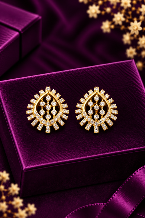 18k Sunburst Shape Round Brilliant Cut Diamond Stud (D6)