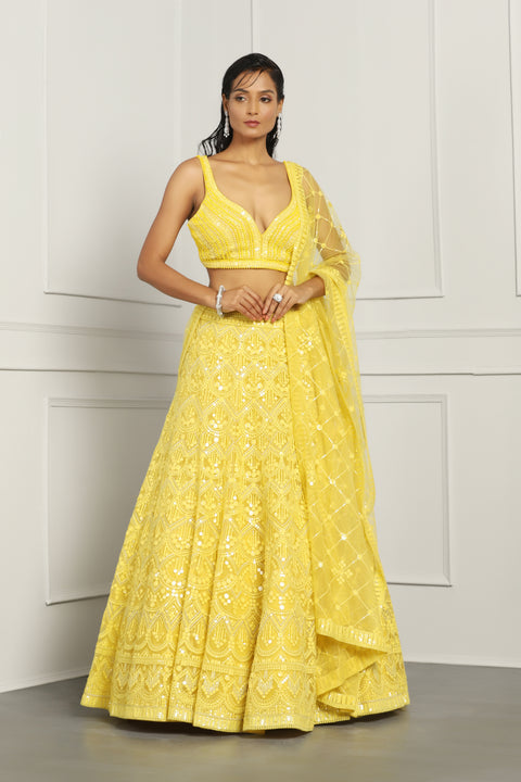 Yellow Net Embroidery Sequin Sweetheart Neck Lehenga Set For Women (D371)