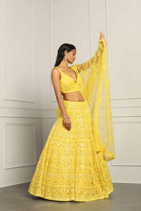 Yellow Net Embroidery Sequin Sweetheart Neck Lehenga Set For Women (D371)