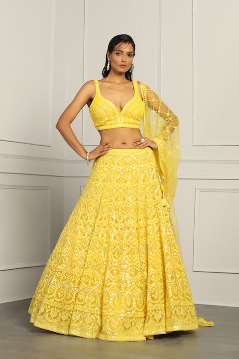 Yellow Net Embroidery Sequin Sweetheart Neck Lehenga Set For Women (D371)