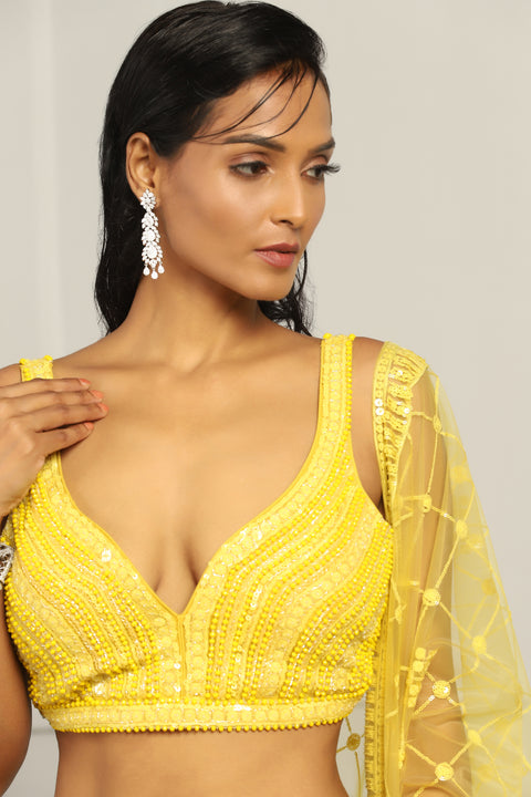 Yellow Net Embroidery Sequin Sweetheart Neck Lehenga Set For Women (D371)