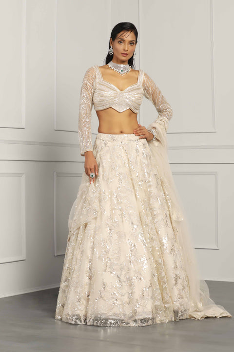 Ivory Net Embroidery Beads Floral Sequin Bridal Lehenga Set For Women (D372)