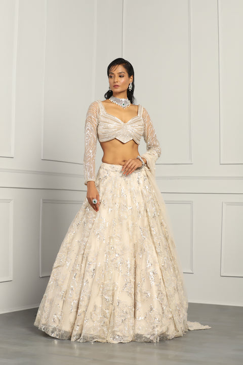 Ivory Net Embroidery Beads Floral Sequin Bridal Lehenga Set For Women (D372)