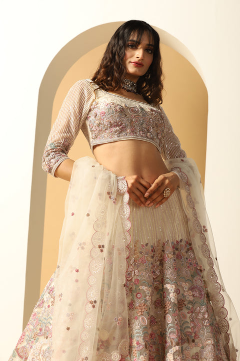 Ivory Organza Embroidery Thread Square Neck Floral Lehenga Set For Women (D366)