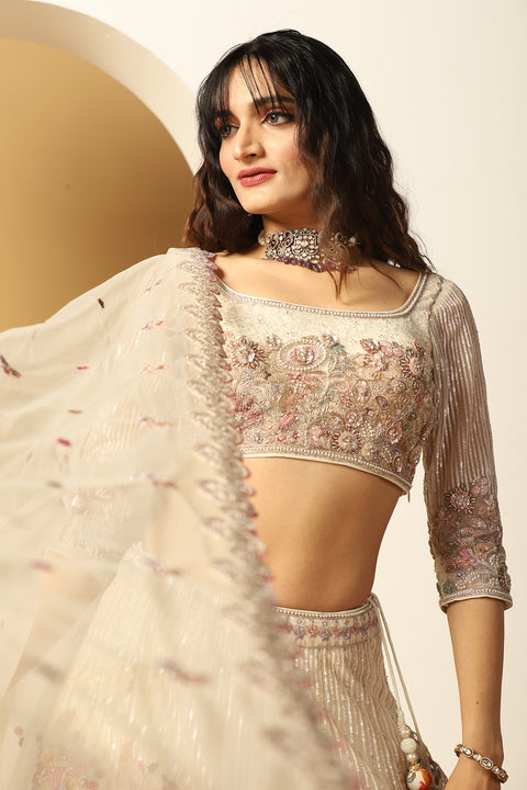 Ivory Organza Embroidery Thread Square Neck Floral Lehenga Set For Women (D366A)