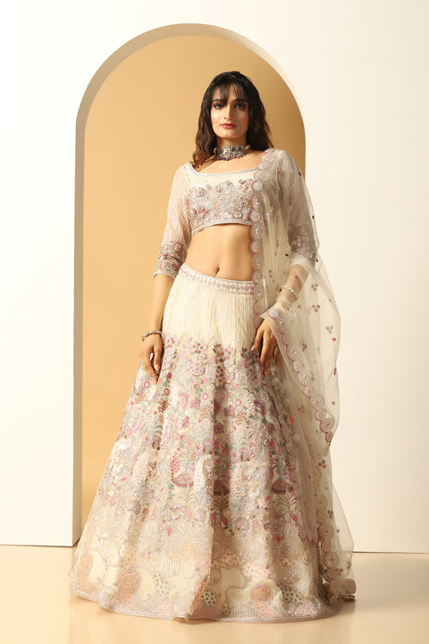Ivory Organza Embroidery Thread Square Neck Floral Lehenga Set For Women (D366)