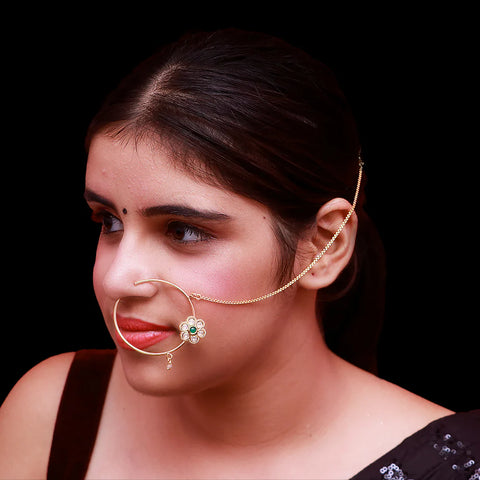 Gold Plated Royal Kundan Studded Nose Ring with Chain - NATH (Design 13)