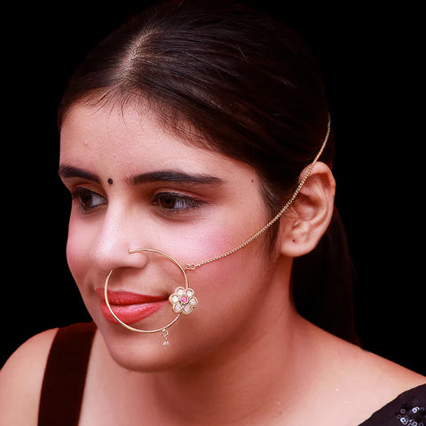 Gold Plated Royal Kundan Studded Nose Ring with Chain - NATH (Design 13)