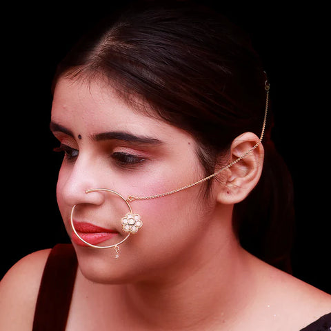 Gold Plated Royal Kundan Studded Nose Ring with Chain - NATH (Design 13)