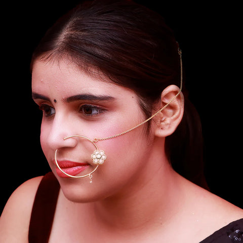 Gold Plated Royal Kundan Studded Nose Ring with Chain - NATH (Design 13)