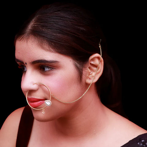 Gold Plated Royal Kundan Studded Nose Ring with Chain - NATH (Design 19)