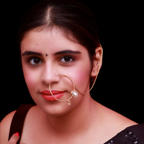 Gold Plated Royal Kundan Studded Nose Ring with Chain - NATH (Design 19)