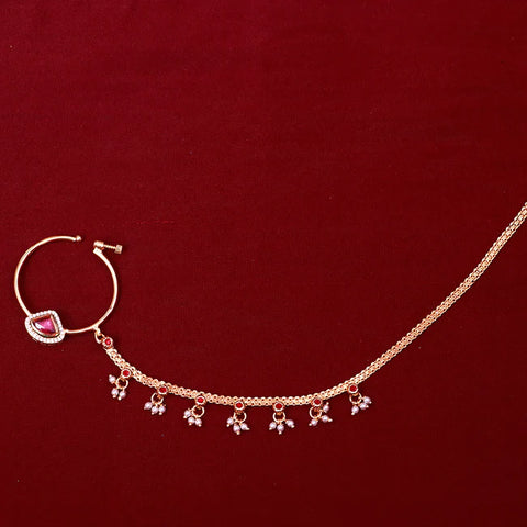 Gold Plated Royal Kundan Studded Nose Ring with Chain - NATH (Design 25)