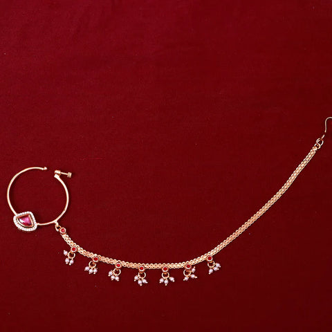 Gold Plated Royal Kundan Studded Nose Ring with Chain - NATH (Design 25)