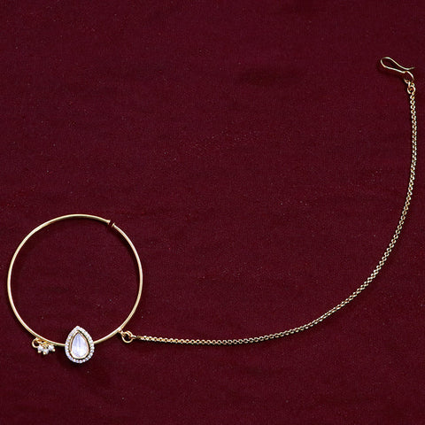 Gold Plated Royal Kundan Studded Nose Ring with Chain - NATH (Design 19)