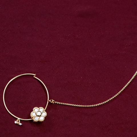 Gold Plated Royal Kundan Studded Nose Ring with Chain - NATH (Design 13)