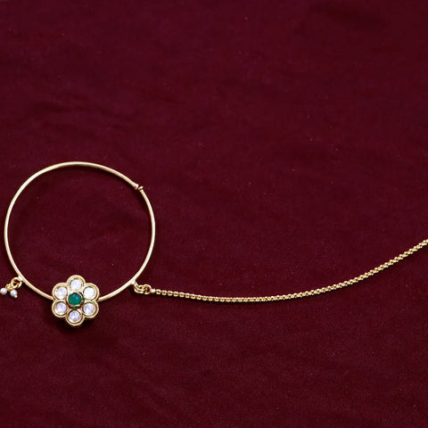 Gold Plated Royal Kundan Studded Nose Ring with Chain - NATH (Design 13)