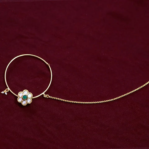 Gold Plated Royal Kundan Studded Nose Ring with Chain - NATH (Design 13)
