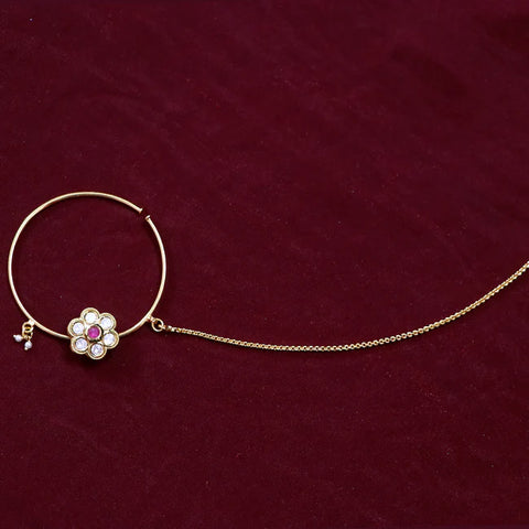 Gold Plated Royal Kundan Studded Nose Ring with Chain - NATH (Design 13)