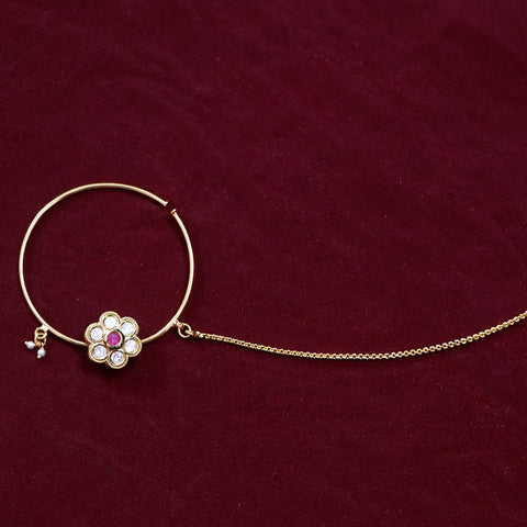 Gold Plated Royal Kundan Studded Nose Ring with Chain - NATH (Design 13)