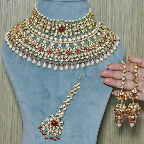 Designer Bridal Gold Plated Royal Kundan & Ruby Necklace (D521)
