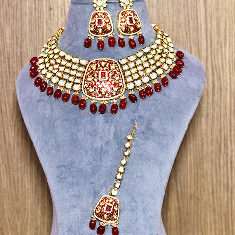Designer Bridal Gold Plated Royal Kundan Necklace With Mang Tikka (D563)