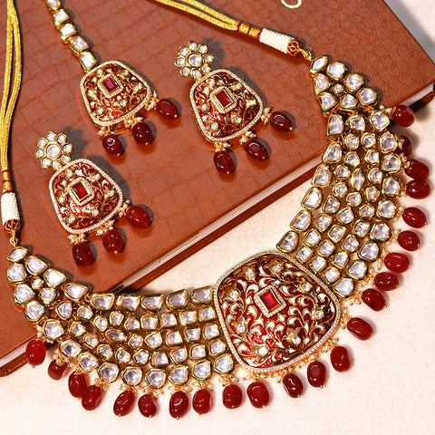 Designer Bridal Gold Plated Royal Kundan Necklace With Mang Tikka (D563)