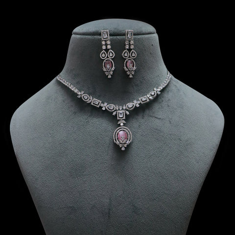 Designer Semi-Precious American Diamond & Ruby Necklace with Earrings (D483)