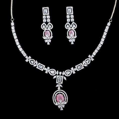 Designer Semi-Precious American Diamond & Ruby Necklace with Earrings (D483)