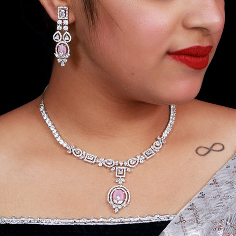 Designer Semi-Precious American Diamond & Ruby Necklace with Earrings (D483)